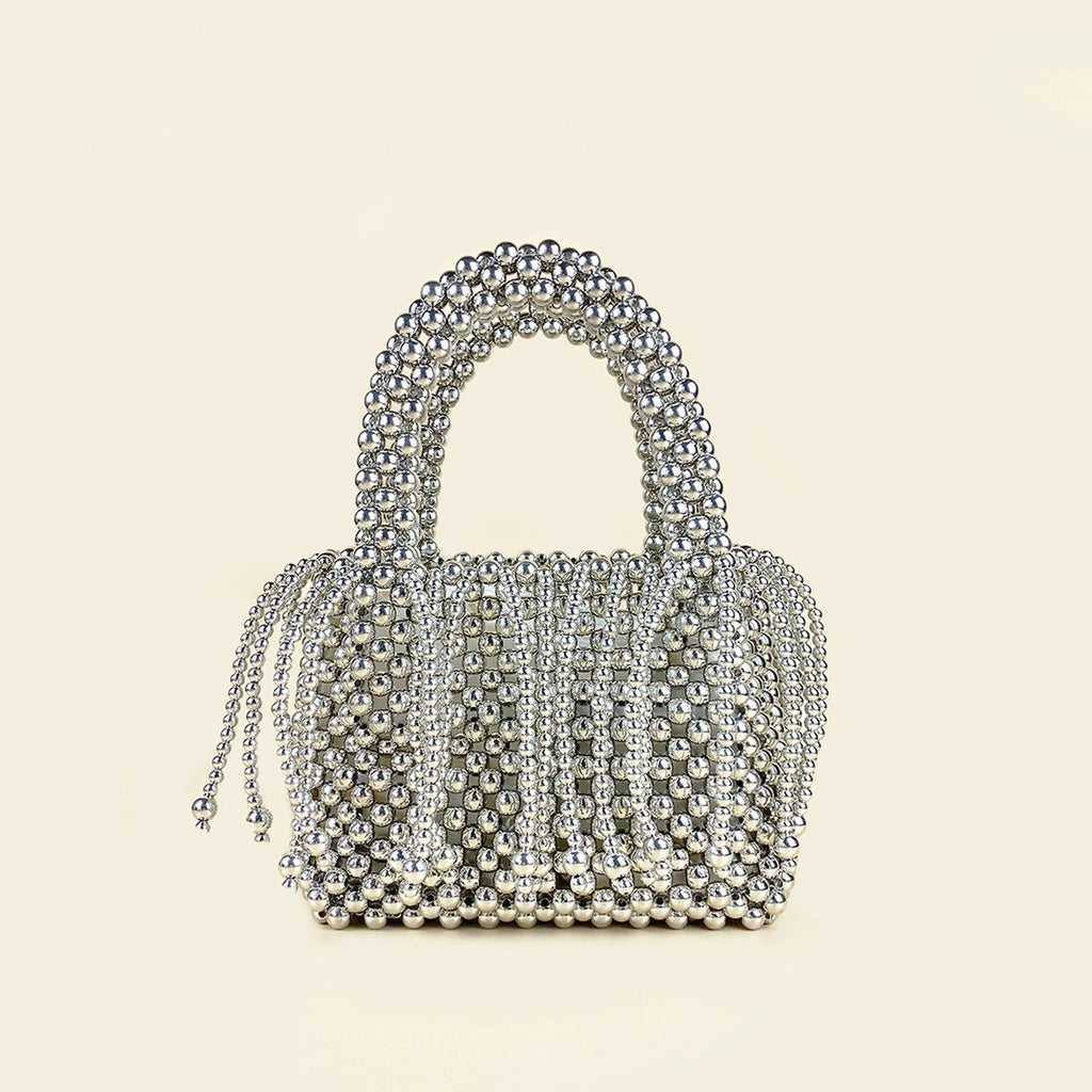 Tassel Hand Woven Metal Silver Beaded Square Vegetable Basket Pearl Bucket Hand Held Tote