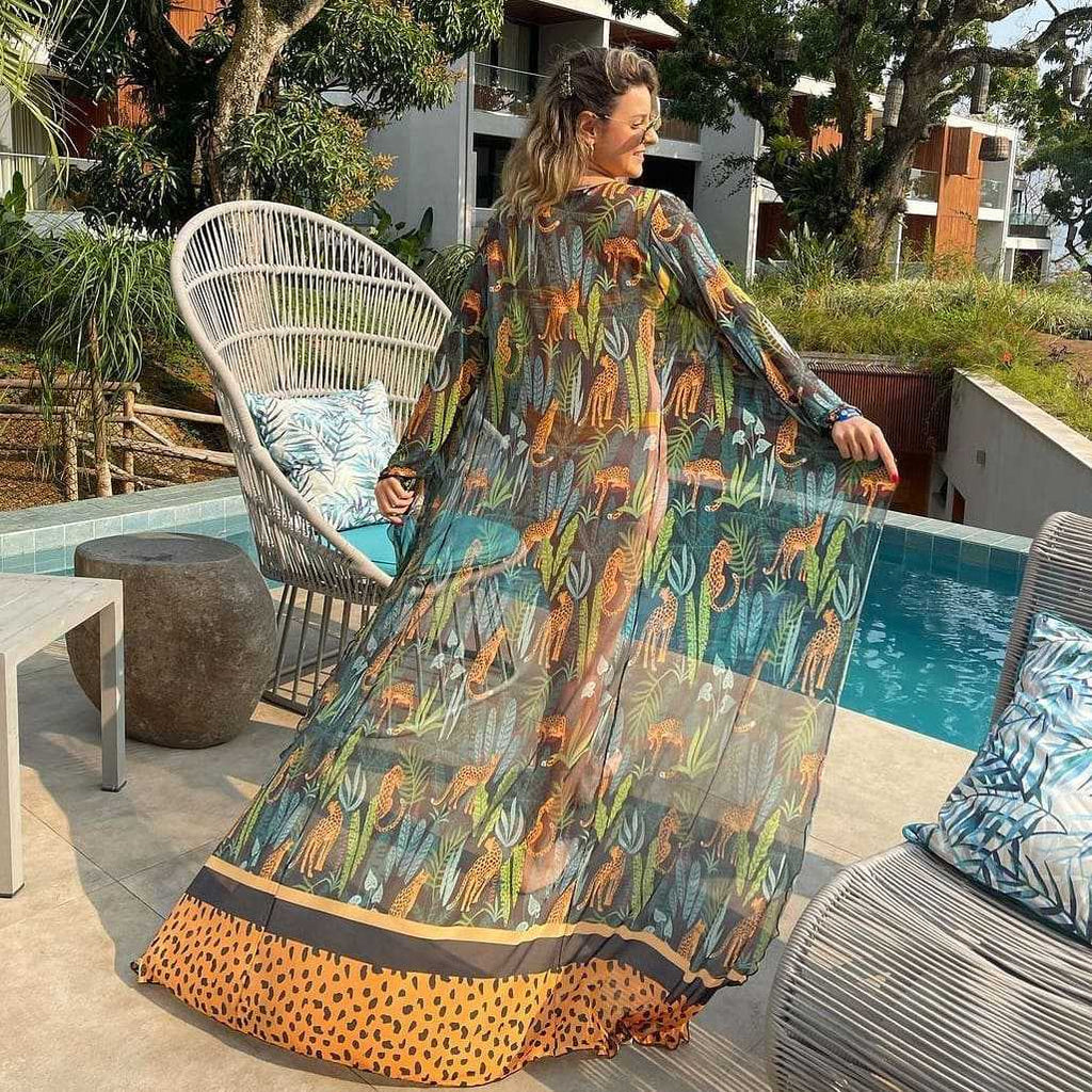 Stretch Mesh Long Sleeve Beach Cover Up Leopard Print Veils Beach Swimsuit Cardigan Long