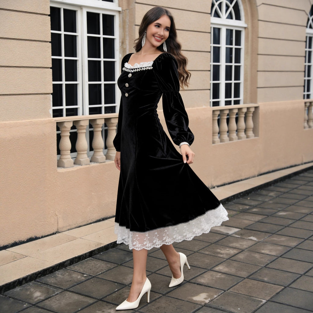 Hepburn Wind Black French Velvet Dress Women Autumn Winter Waist Tight Elegant Maxi Dress