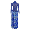 Autumn Winter Women Blue Enchantress Mesh Stitching Long Sleeves Half Turtleneck A line Dress