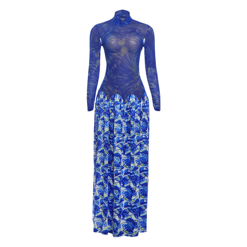 Autumn Winter Women Blue Enchantress Mesh Stitching Long Sleeves Half Turtleneck A line Dress