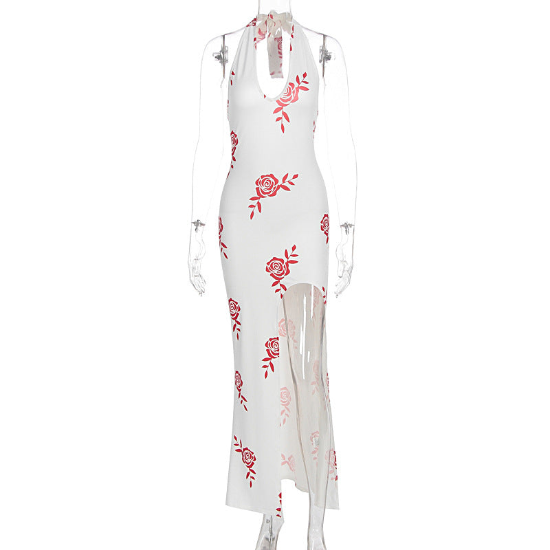 Summer Sexy Women Printed Wear Lace up Backless V neck Slim Fit Slit Dress