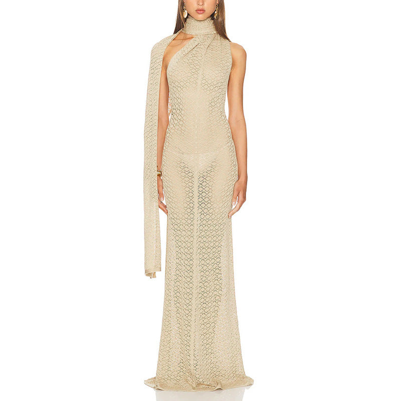 Sexy Dress High Grade Irregular Asymmetric Shawl Collar Hollow Out Cutout Slim Dress
