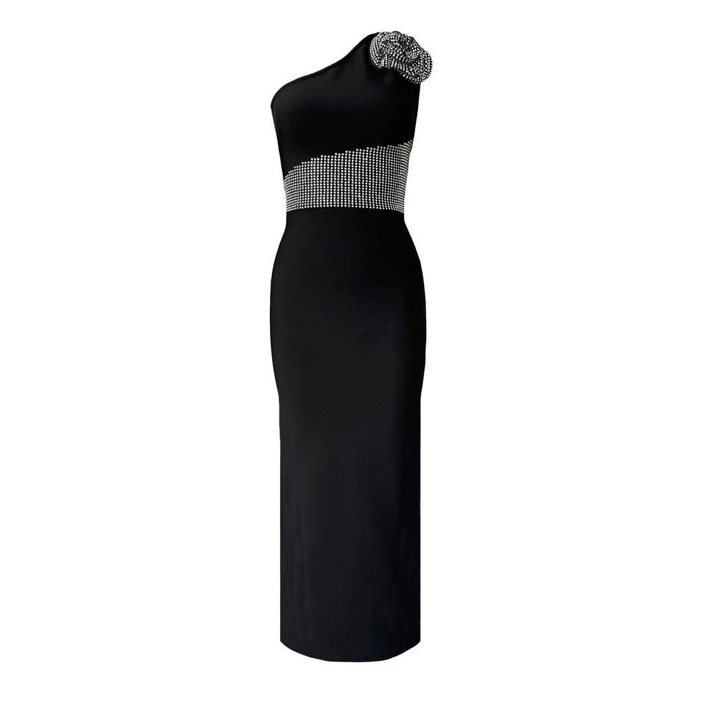Sexy Diagonal Collar Sleeveless Rhinestone Floral Bandage One Piece Dress Party Cocktail Evening Dress