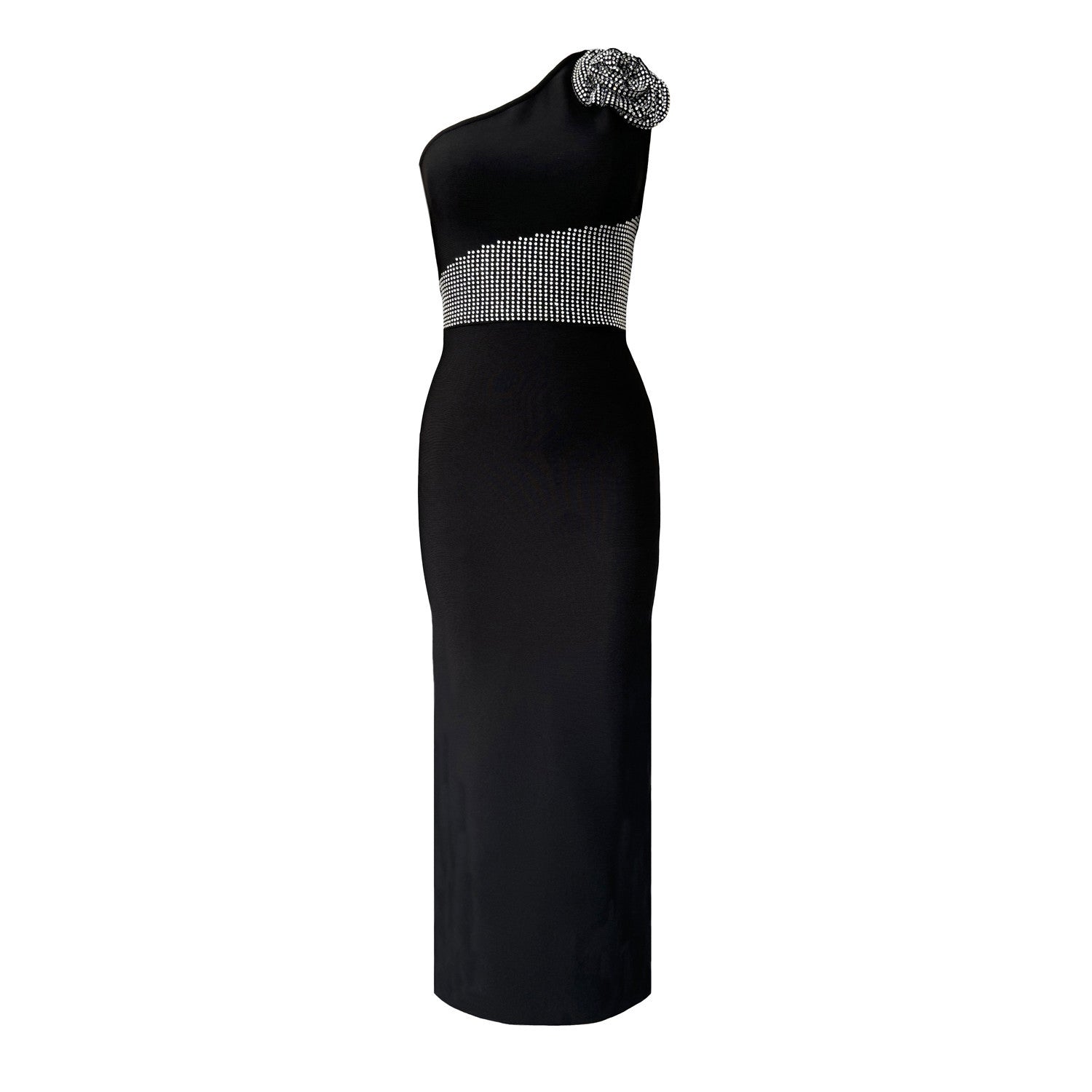 Sexy Diagonal Collar Sleeveless Rhinestone Floral Bandage One Piece Dress Party Cocktail Evening Dress