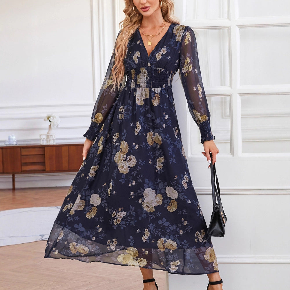 Autumn Women Casual Bohemian Printed Maxi Dress Deep V Plunge neck Long Sleeve Evening Dress