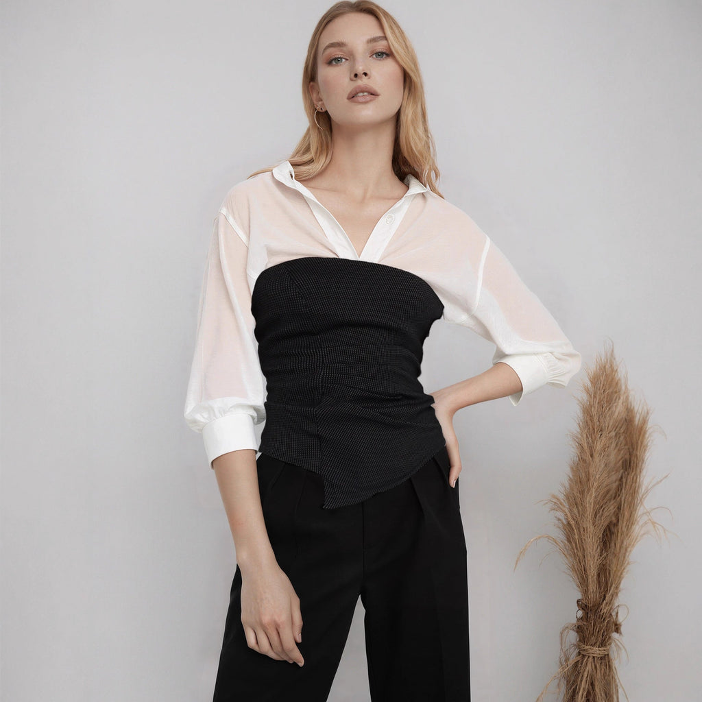 White V neck Waist Three Quarter Sleeve Shirt Women French Elegant Niche Slimming Top