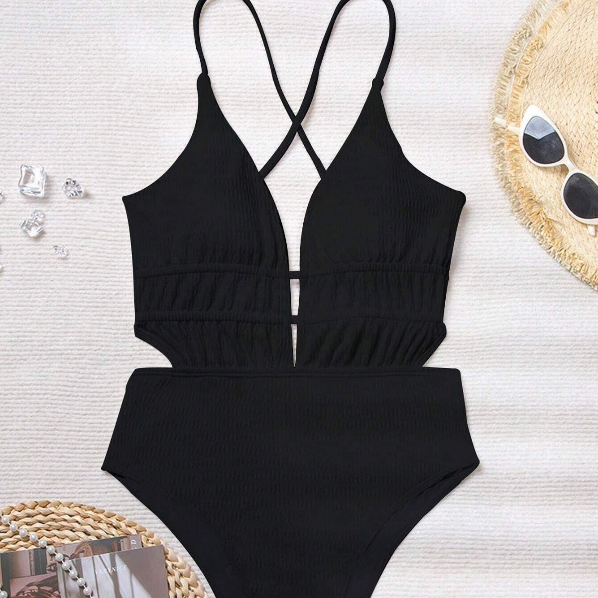 One Piece Swimsuit Deep V Plunge neck Sexy Backless Strap Swimsuit