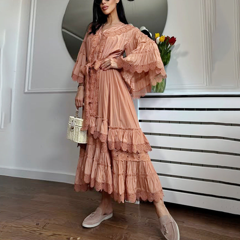 Bohemian Irregular Asymmetric Maxi Dress V neck Bell Sleeve Machine Embroidery Tied Dress Women Summer