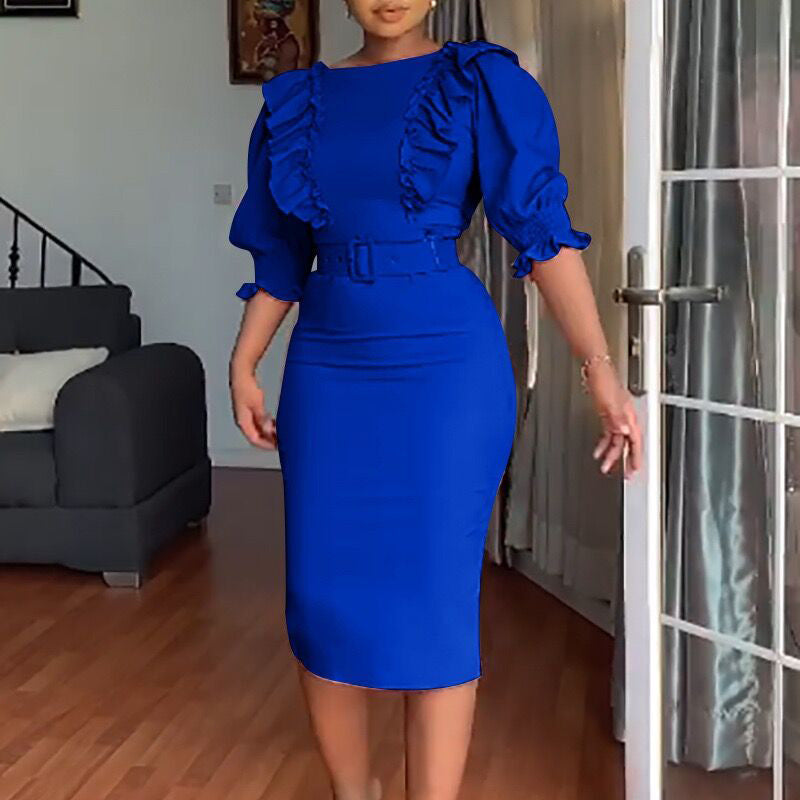 High Waist Wooden Ear Stitching Five Quarter Sleeve Office Women Dress