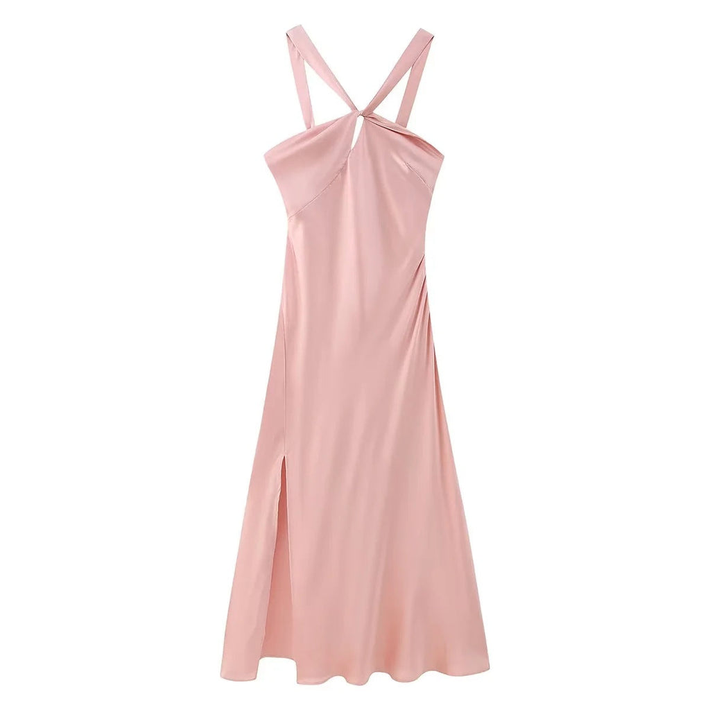 Winter Pink Halter Waist Tight Slimming Slit Dress Women Dress