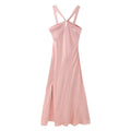 Winter Pink Halter Waist Tight Slimming Slit Dress Women Dress