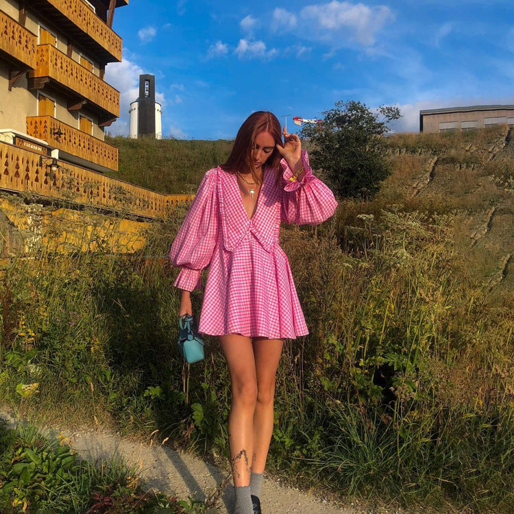 Women Clothing Pink Plaid Doll Collar Long Sleeve Dress Graceful Fashionable A line Dress