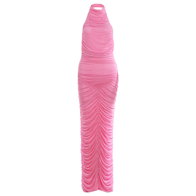 Women Clothing Solid Color Halter Sexy Backless Pleated Mesh Elegant Dress for Women