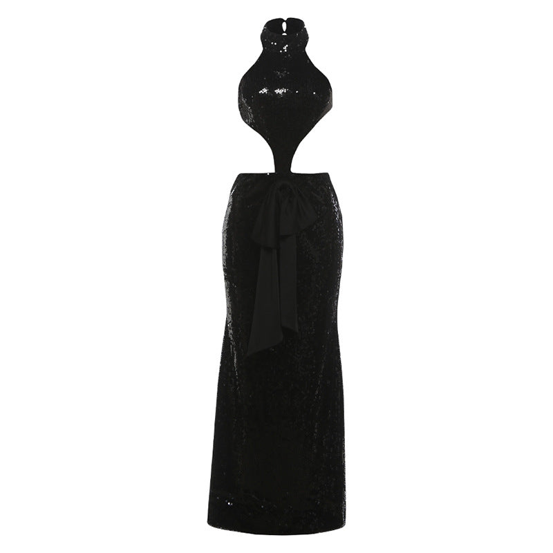 Autumn Winter Sexy Backless Hollow Out Cutout out Stitching Maxi Dress Elegant Sequ Dress