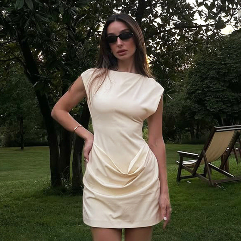 Women Clothing Spring Solid Color Slim round Neck Drop Shoulder Sleeveless Stitching Pinch Pleated Short Dress