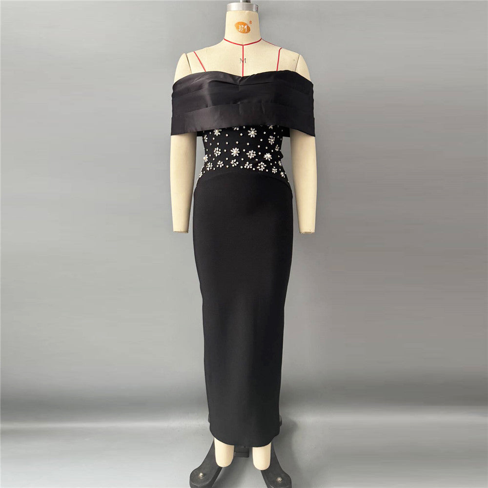 Elegant Slim Fit off Neck Splicing Beads Diamond Embedded Bandage One Piece Dress Party Gathering Dress Group