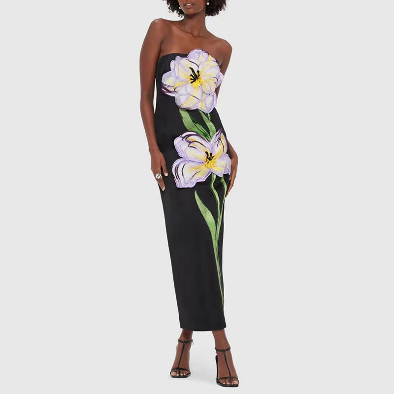 Socialite Design Maxi Dress Floral Embroidered Tube Top Sleeveless Slimming Dress Women