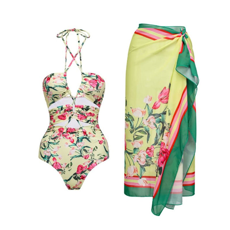 Vintage Floral Strap Hollow Out Cutout out Swimsuit Women Dress