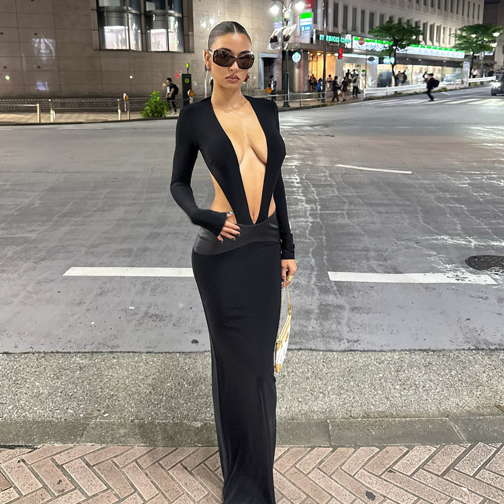 Women Clothing Autumn Winter Sexy Deep V Plunge neck Hollow Out Cutout out Long Sleeve Stitching Solid Color Dress