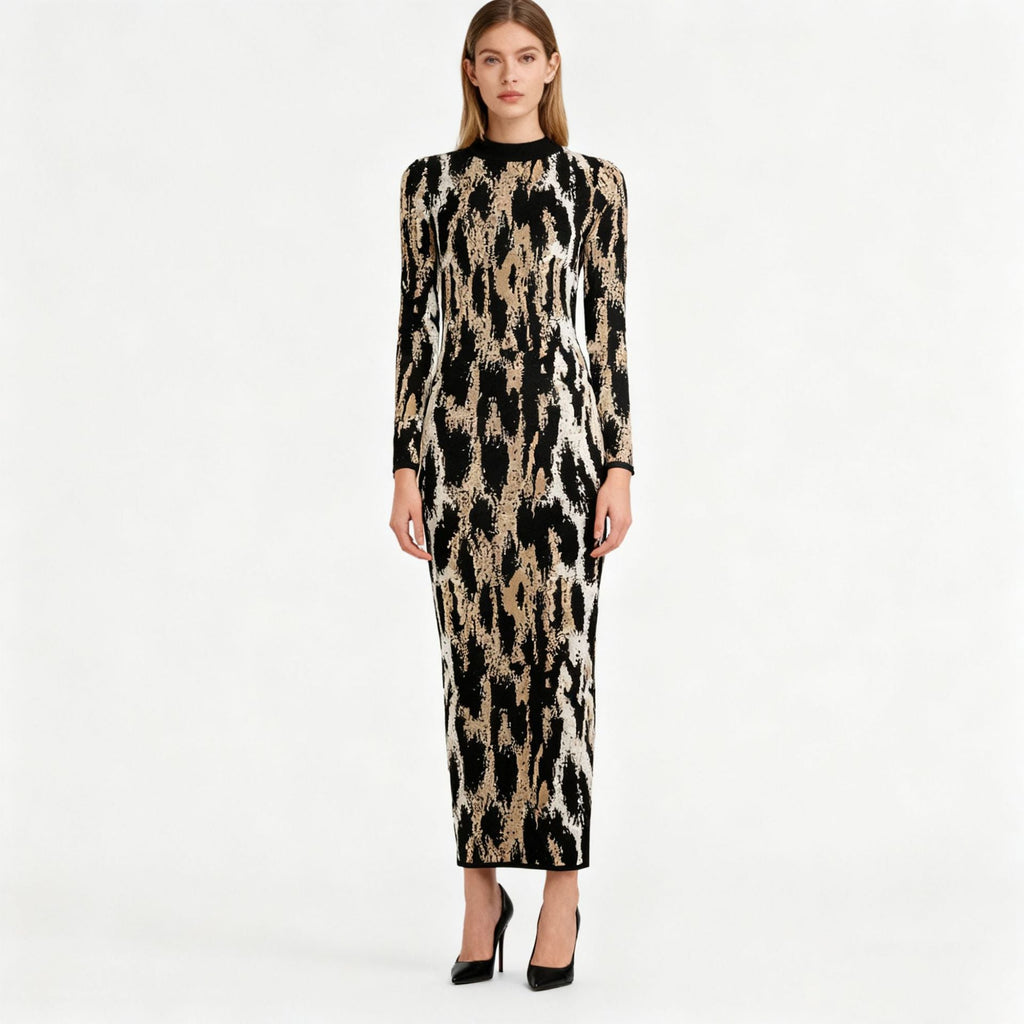 Elegant Maxi Dress Autumn Winter Vintage Leopard Print round Neck Long Sleeve Slim Dress