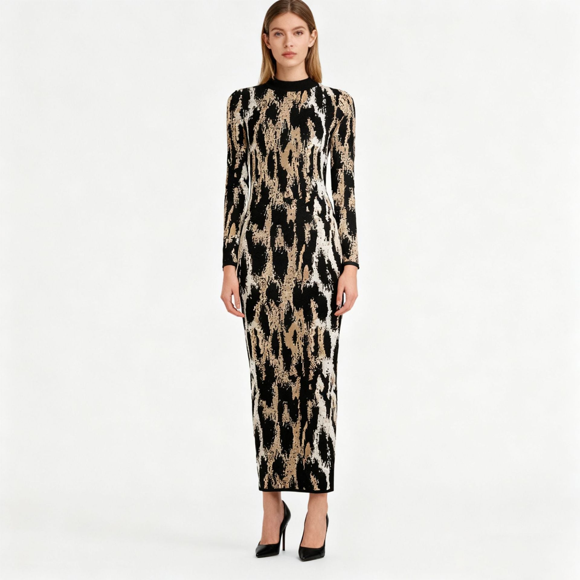Elegant Maxi Dress Autumn Winter Vintage Leopard Print round Neck Long Sleeve Slim Dress