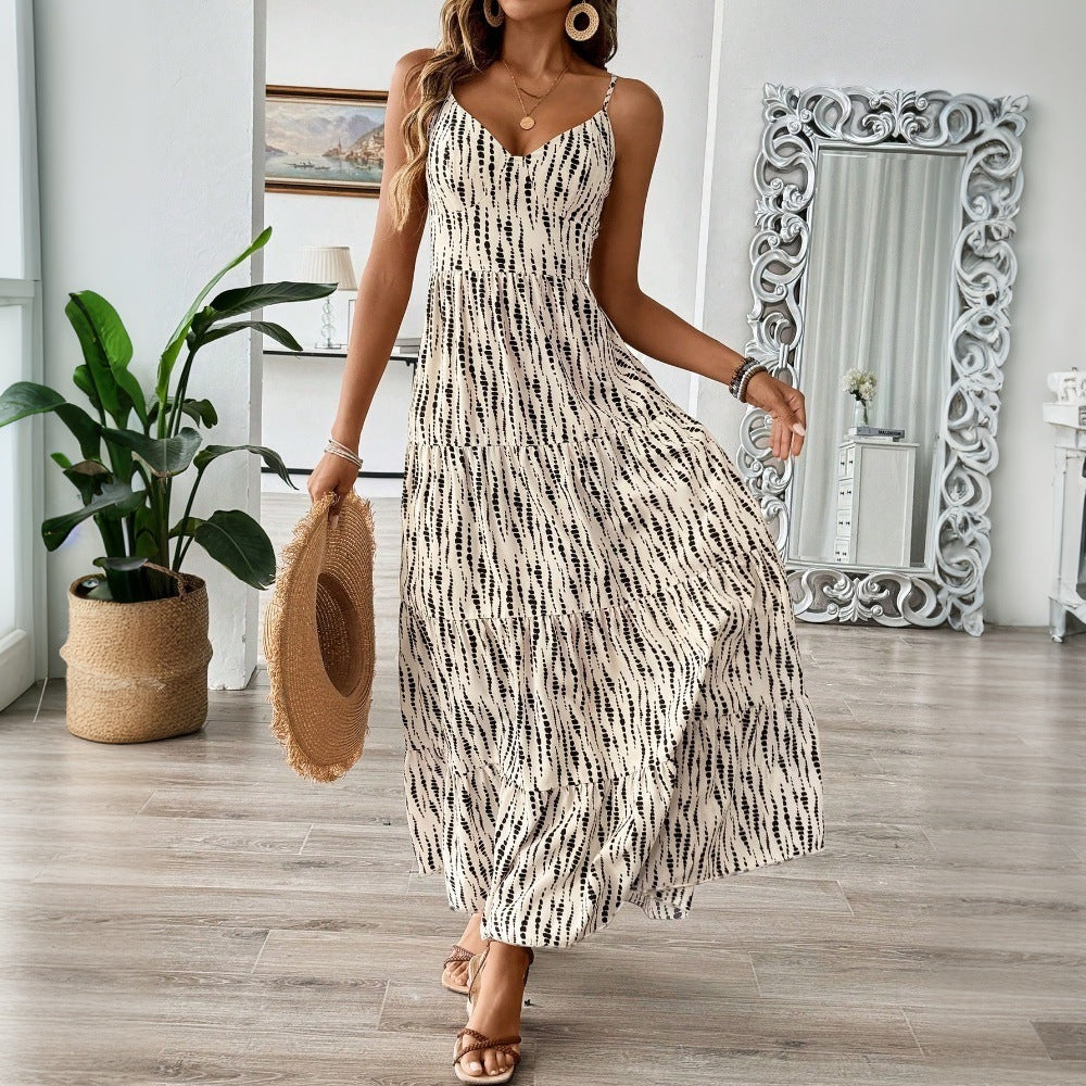 Women Clothing Vacation Sling Dress Spring Summer Irregular Asymmetric Striped Design Dress