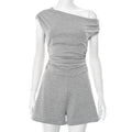 Women Clothing Spring Summer Crossbody off the Shoulder Pleated Bow Waist Tie Romper