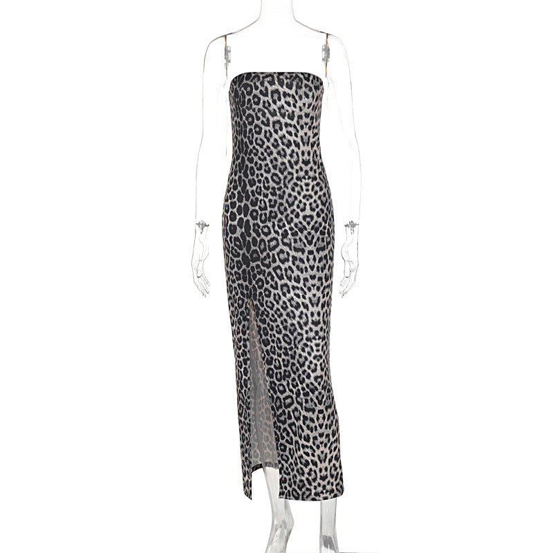 Leopard Print Slim Fit Slimming Tube Top Backless Split Dress Women Clothing