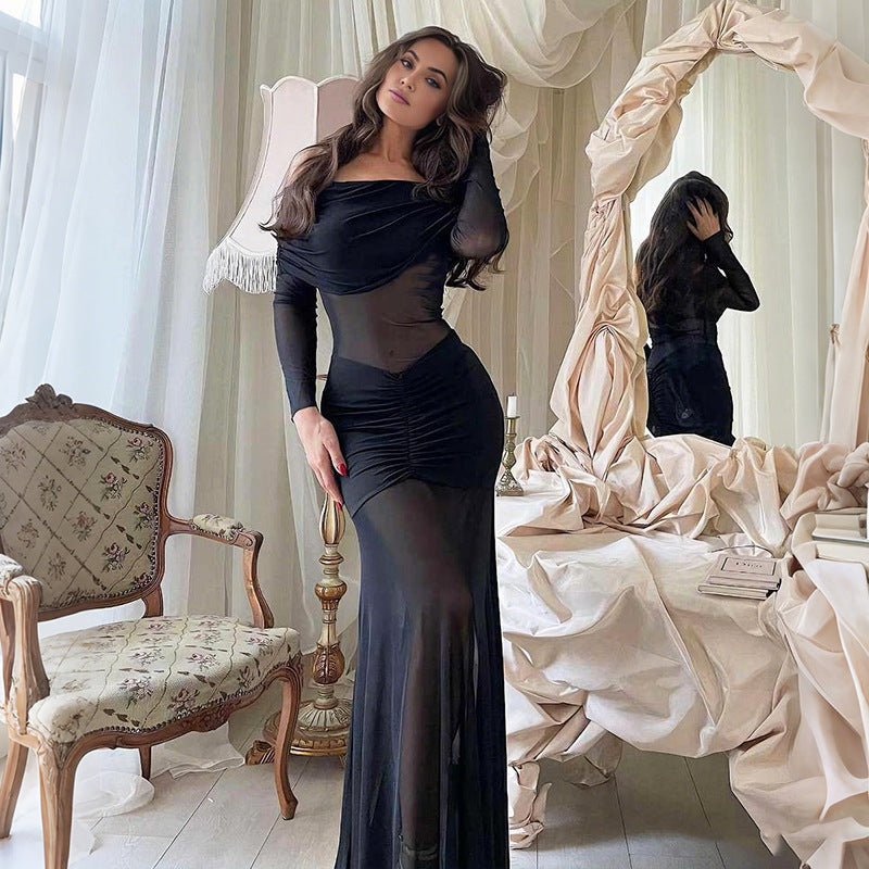 Autumn Winter Women Clothing Sexy Mesh See through off Shoulder Slim Fit Pleated Long Sleeved Dress for Women