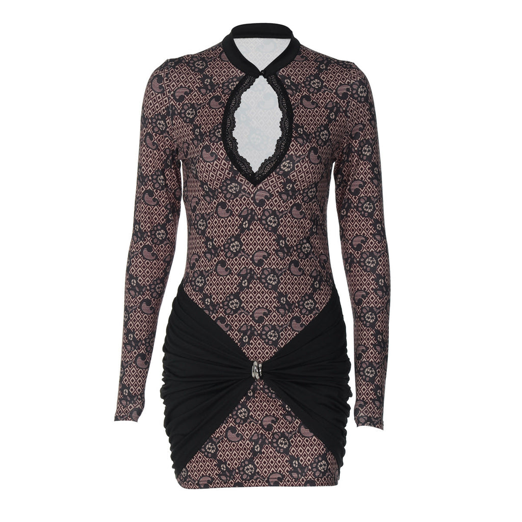 Women Clothing Winter Printed Sexy Lace Cutout Slim Fit Sheath Dress for Women