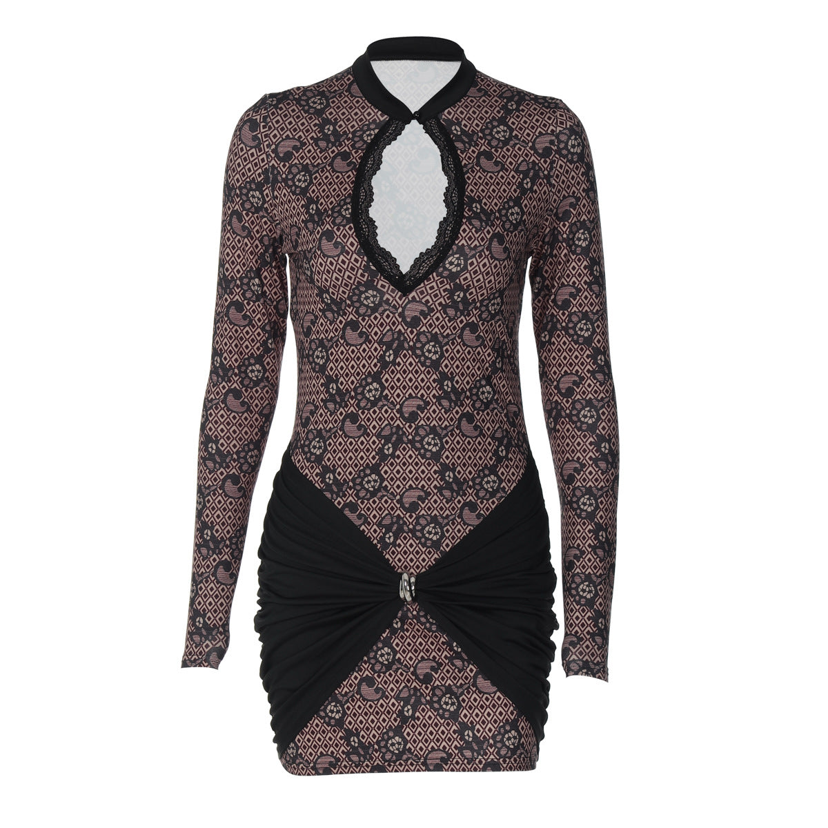 Women Clothing Winter Printed Sexy Lace Cutout Slim Fit Sheath Dress for Women