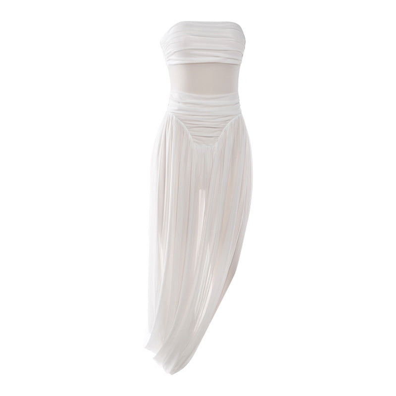 Women Clothing Pleated Design Tight Waist Sexy Tube Top Solid Color Dress