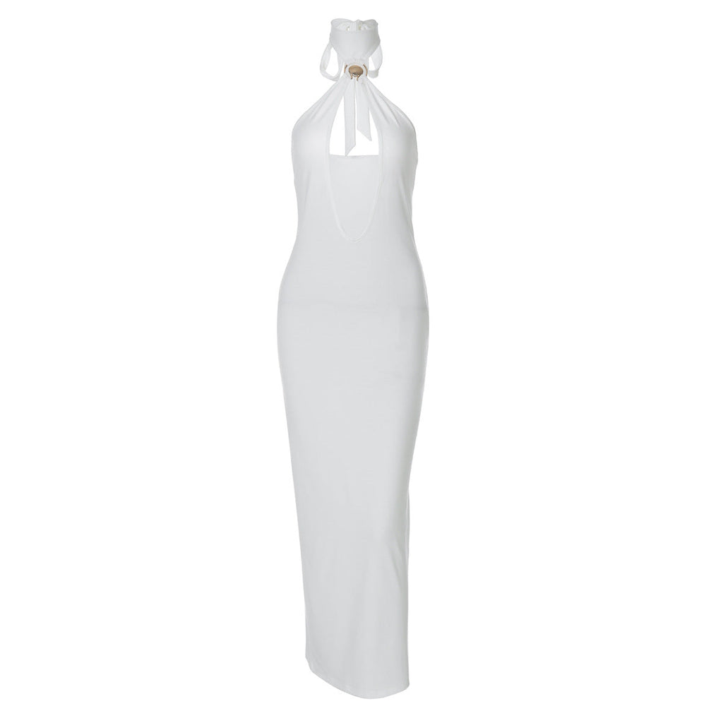 Women Clothing Winter Solid Color Tied Halter Sexy Cutout Slim Fit Dress