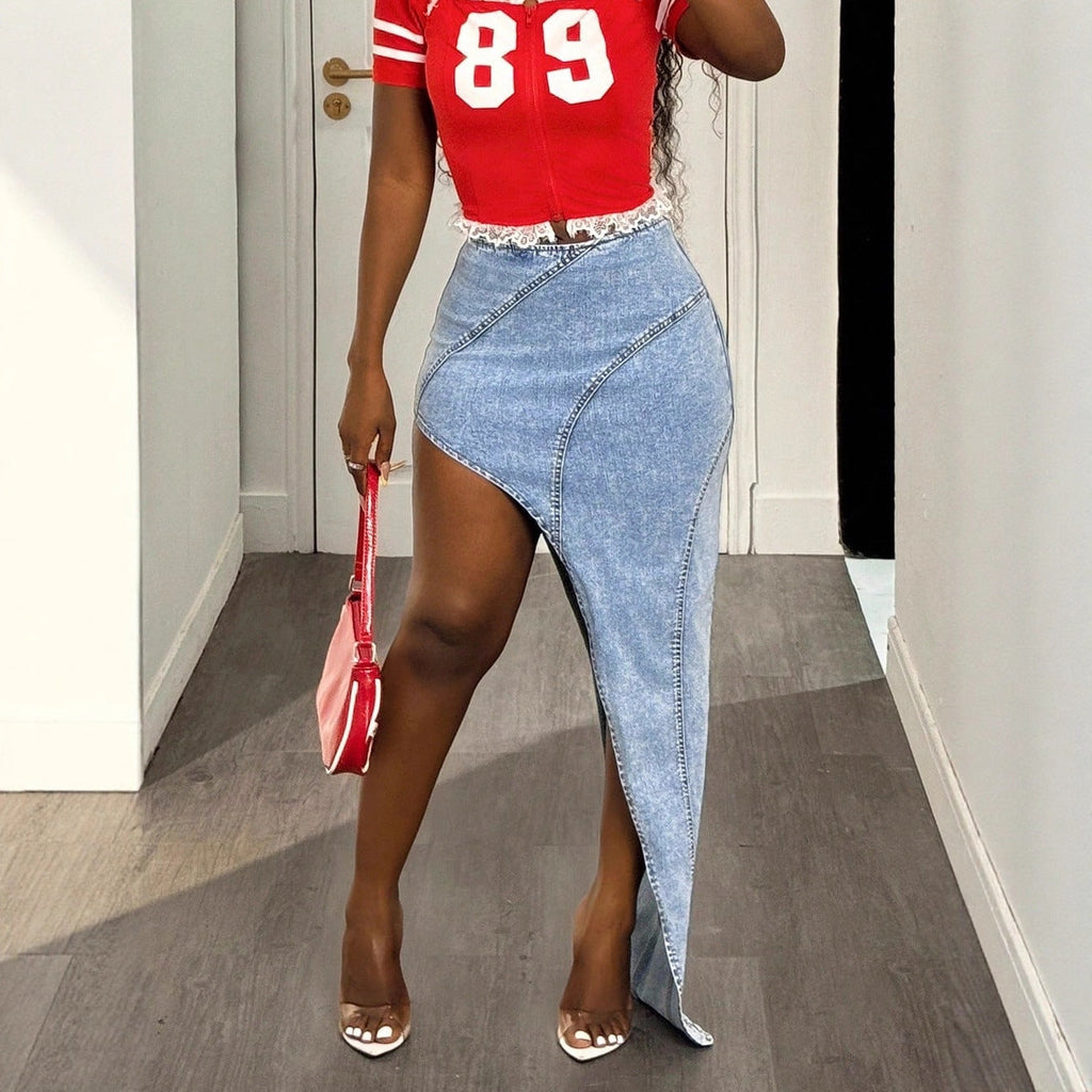 Women Fashionable Irregular Asymmetric Stretch Denim Skirt