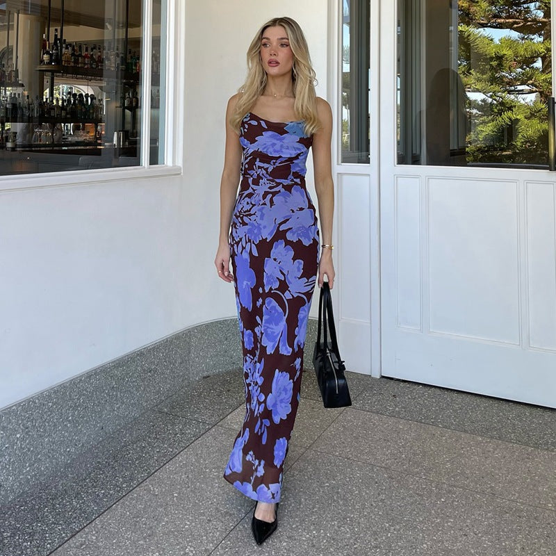 Summer Women Clothing French off Neck Strap Backless Long Printed Dress