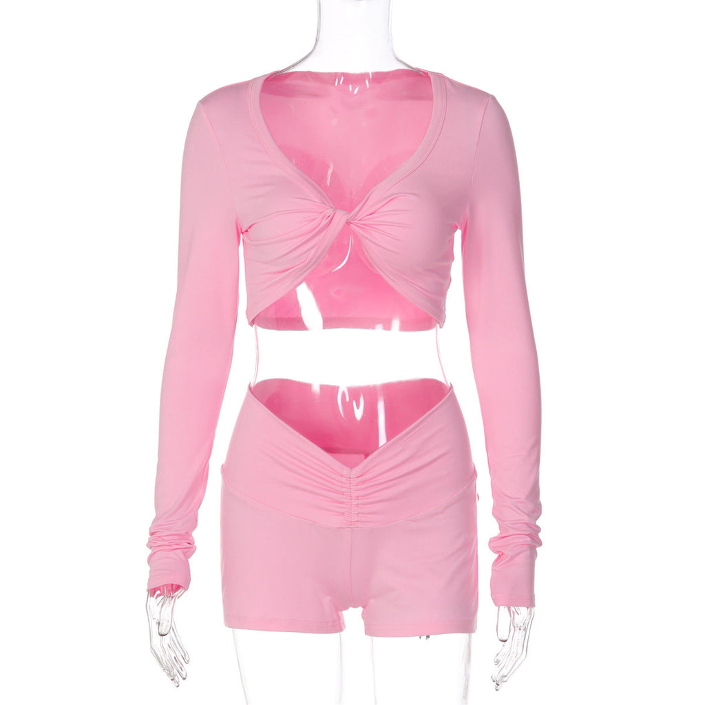 Winter Solid Color Twisted Long Sleeved Top Tight Shorts Sports Casual Set for Women