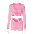 Winter Solid Color Twisted Long Sleeved Top Tight Shorts Sports Casual Set for Women