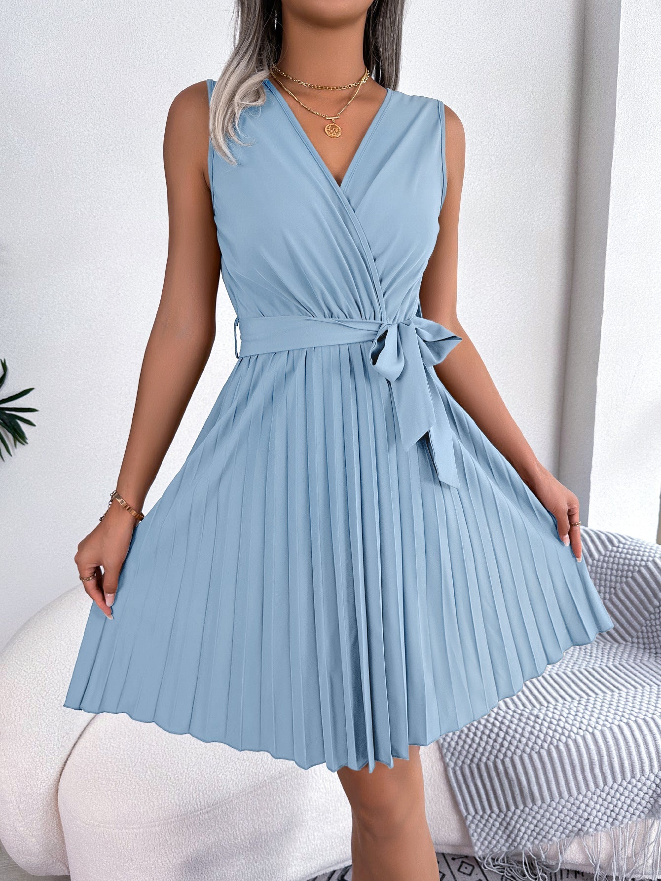 Spring Summer Elegant Cross V neck Sleeveless Cinched Pleated Dress Women Clothing