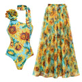 Women Swimsuit Sunflower Printed One Piece Swimsuit Set