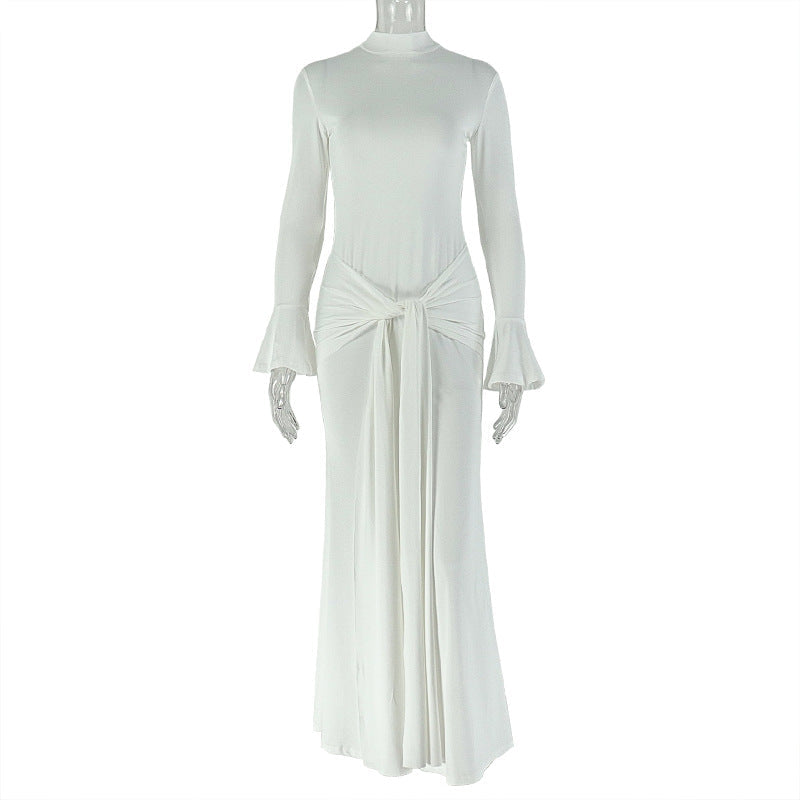 Winter Autumn Solid Color Elegant Women Clothing Tied Slim Fit Hip Dress Casual Stand Collar Maxi Dress