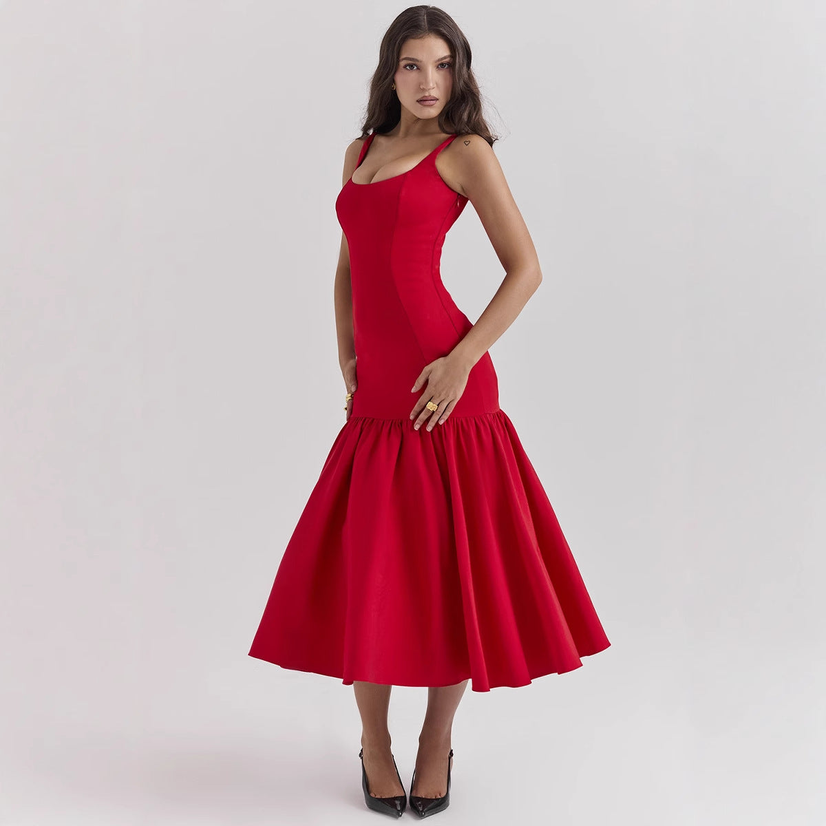 Summer Square Collar Cut Ballet Sheath Fitted Waist Fishtail Strap Dress for Women Elegant Bubble Dress Women