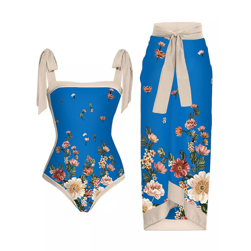 Mesh Two Piece French Swimsuit Digital Printing Sheath Dress Swimsuit for Women