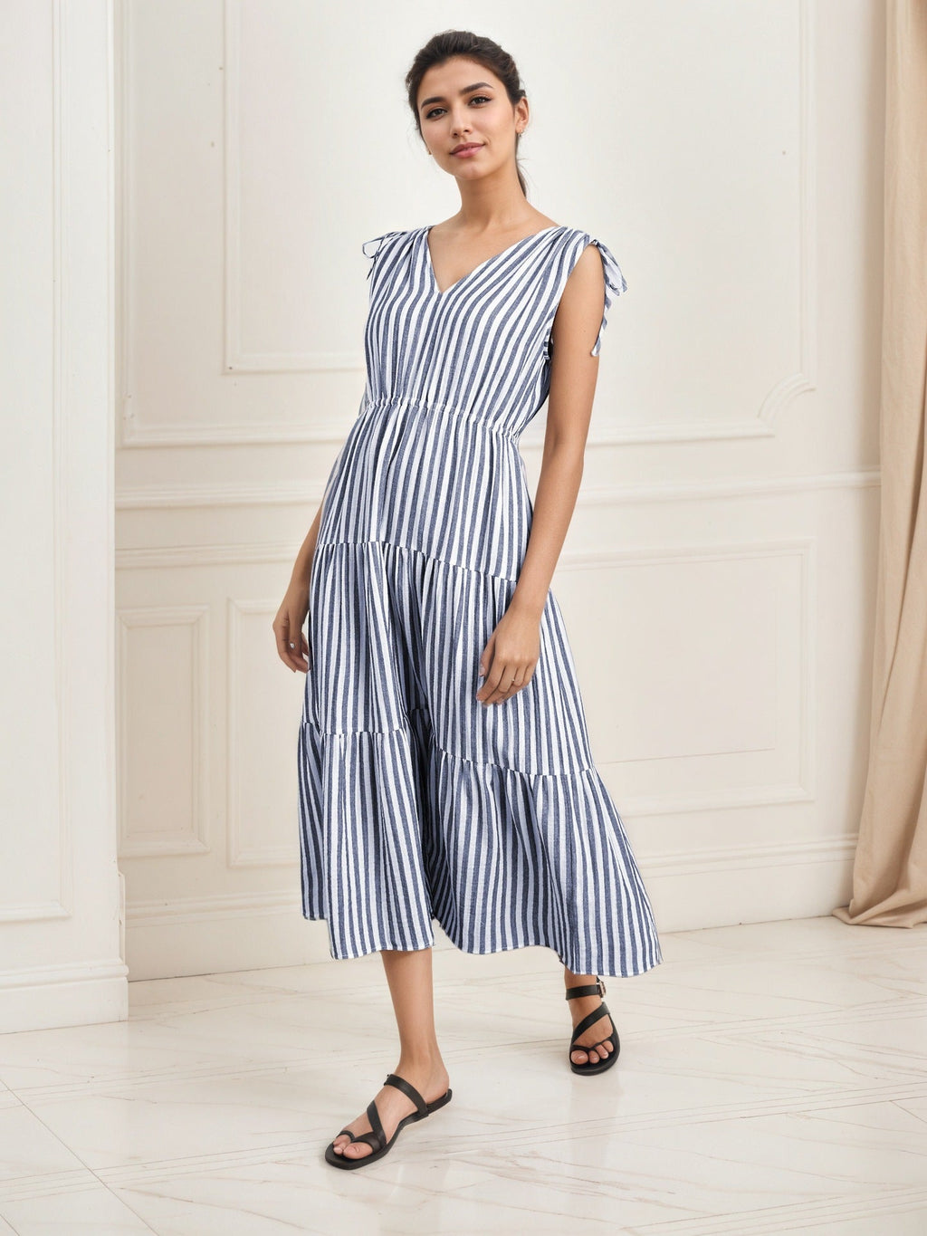 High Grade Blue White Striped Sleeveless Dress Summer off the Shoulder Waist Slimming Dress V neck Casual Dress