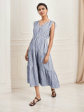 High Grade Blue White Striped Sleeveless Dress Summer off the Shoulder Waist Slimming Dress V neck Casual Dress