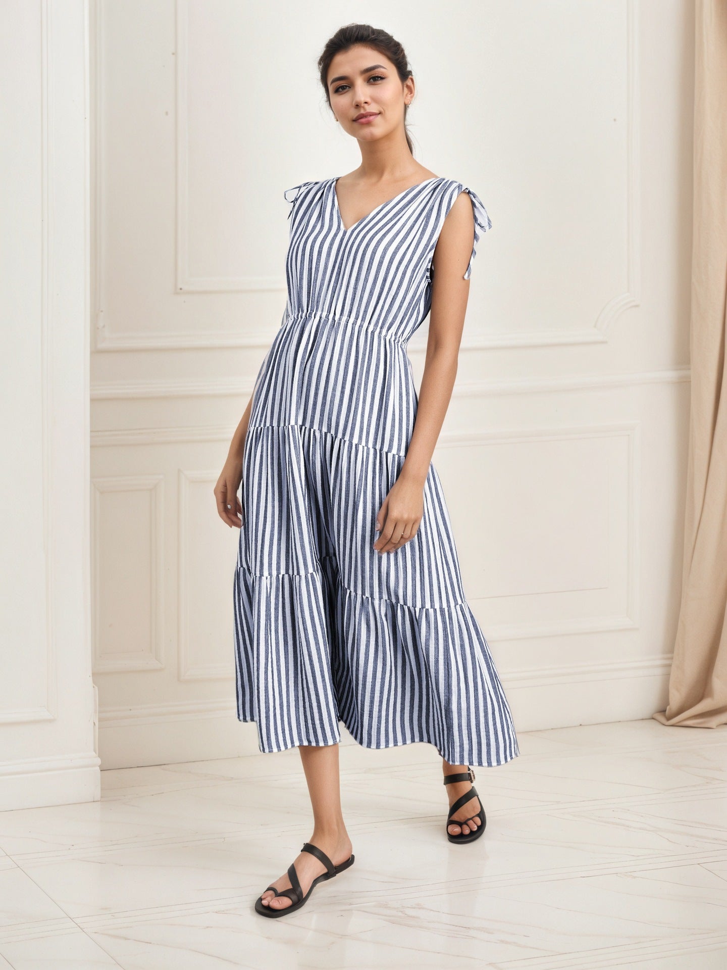 High Grade Blue White Striped Sleeveless Dress Summer off the Shoulder Waist Slimming Dress V neck Casual Dress