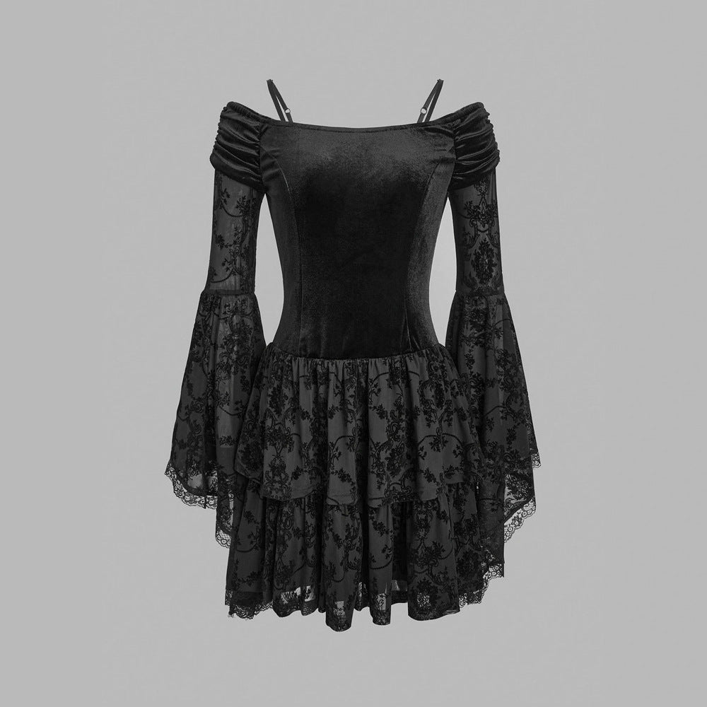Sexy Black Flocking off Shoulder Slim Fitted Waist Flare Sleeve Dress