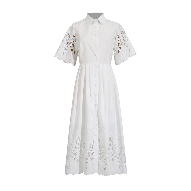 Personalized Embroidered Retro Dress Summer Polo Collar Half Sleeve Hollow Out Cutout Single Breasted Dress
