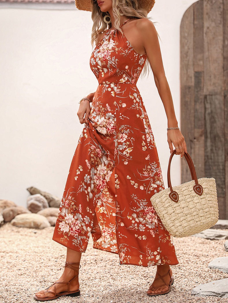 Women Clothing Japanese Summer High Waist Print Dress Vacation Split Halter Maxi Dress