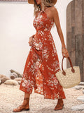 Women Clothing Japanese Summer High Waist Print Dress Vacation Split Halter Maxi Dress
